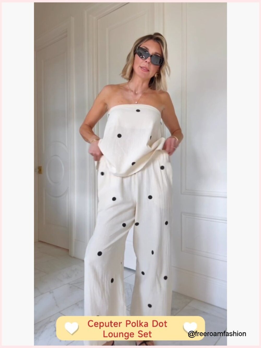 Polka Dot 2 Piece Outfit Strapless Tube Top Wide Leg Pants Summer Set - Picture 6 of 6